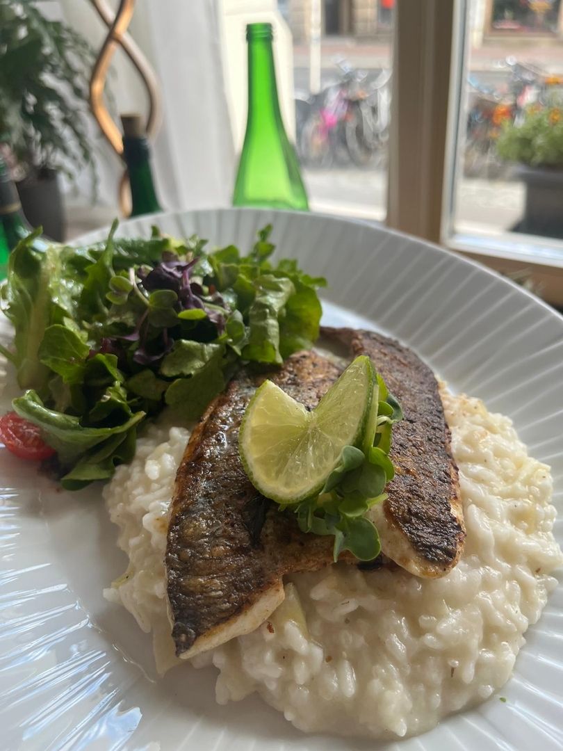 Ein Teller mit einer Portion Fisch und Reis, präsentiert in einem Restaurant.